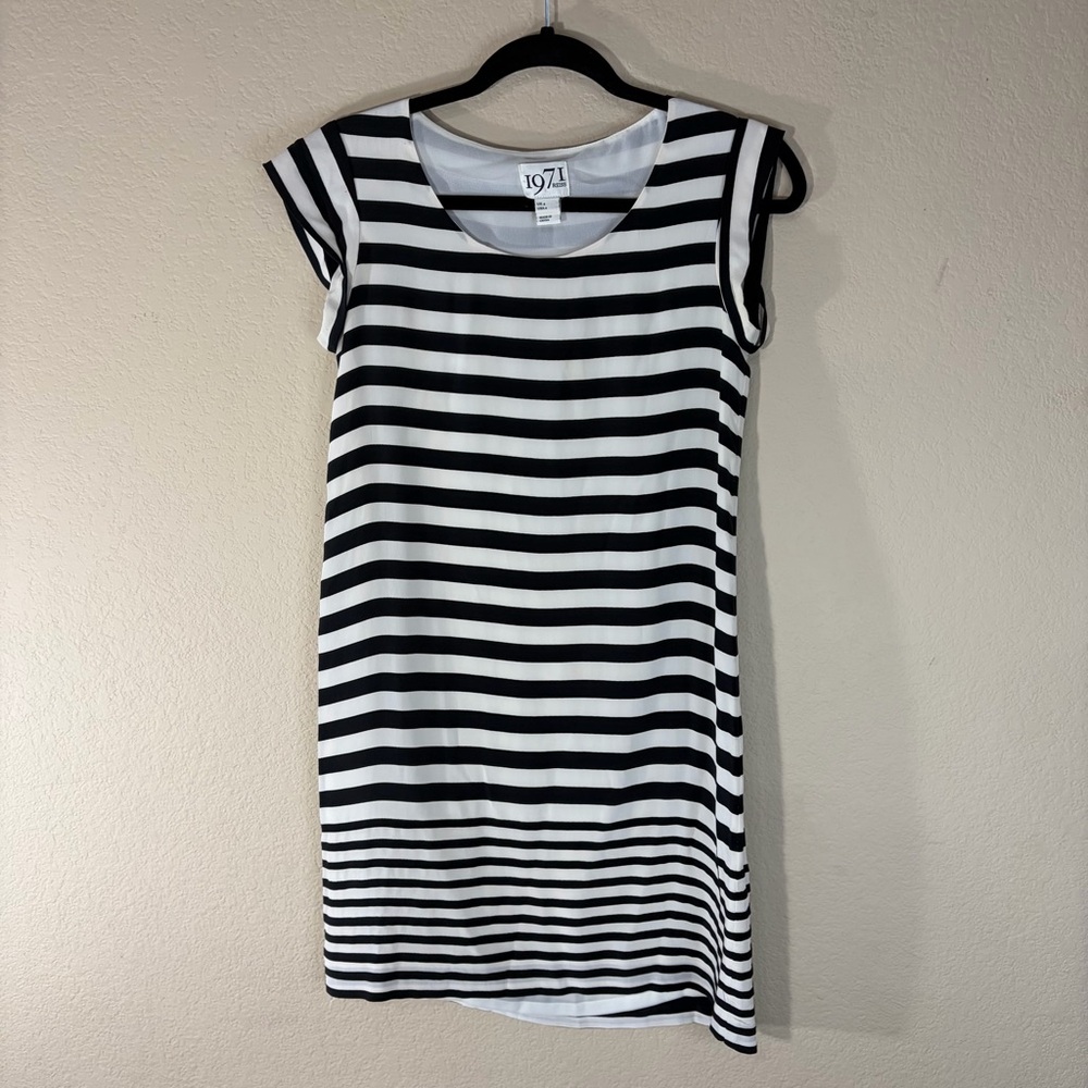 1971 Reiss Josephine Black White Striped 100% Silk Shift Dress Sz 0 Quiet Luxury